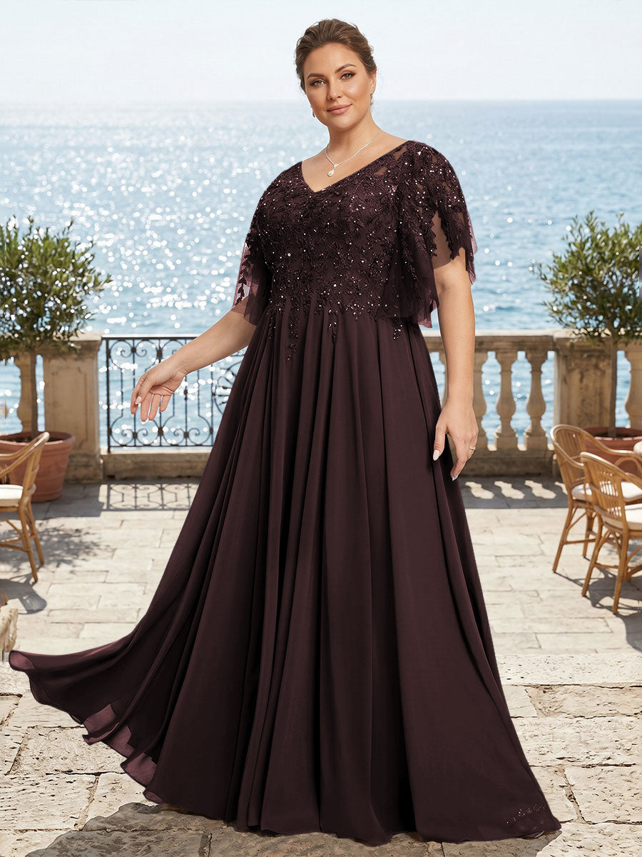 Plus Size Chiffon A-Line/Princess V-Neck Floor-Length Mother of the Bride & Groom Dresses with Lace Appliques & Pleats