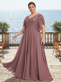 Plus Size Chiffon A-Line/Princess V-Neck Floor-Length Mother of the Bride & Groom Dresses with Lace Appliques & Pleats