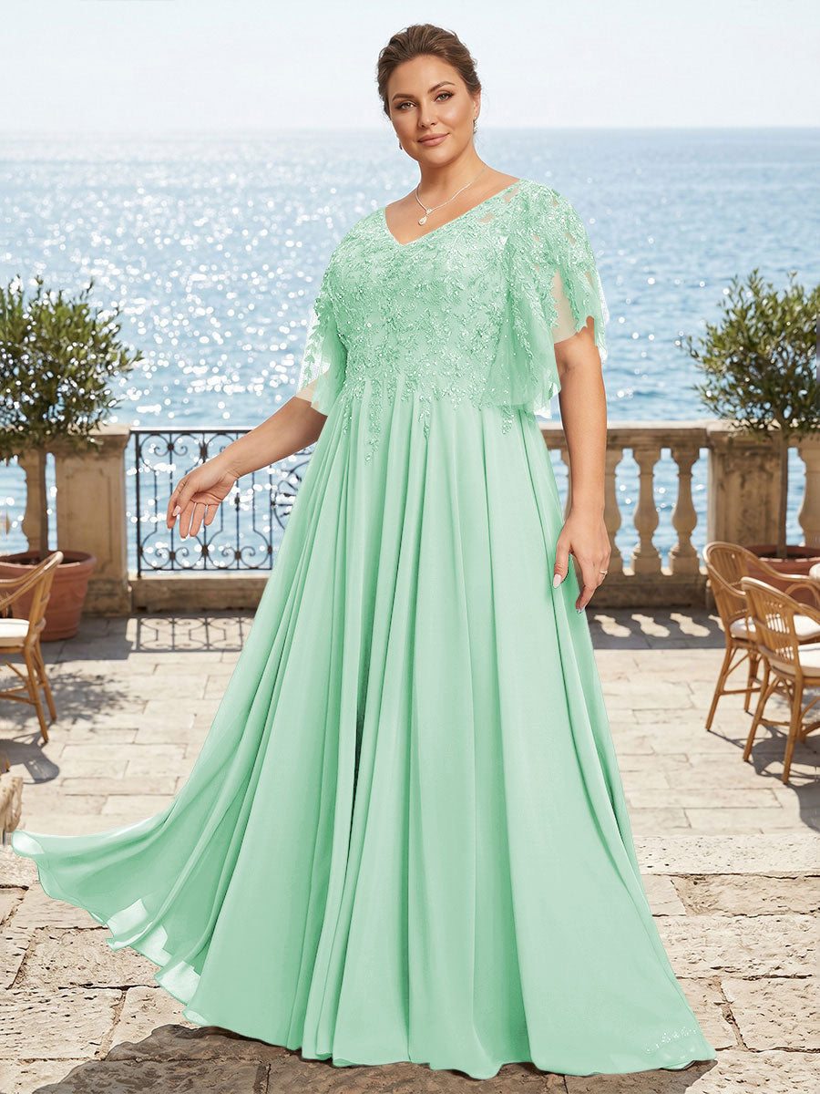 Plus Size Chiffon A-Line/Princess V-Neck Floor-Length Mother of the Bride & Groom Dresses with Lace Appliques & Pleats