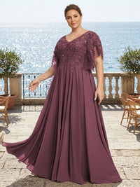 Plus Size Chiffon A-Line/Princess V-Neck Floor-Length Mother of the Bride & Groom Dresses with Lace Appliques & Pleats