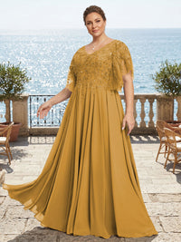 Plus Size Chiffon A-Line/Princess V-Neck Floor-Length Mother of the Bride & Groom Dresses with Lace Appliques & Pleats