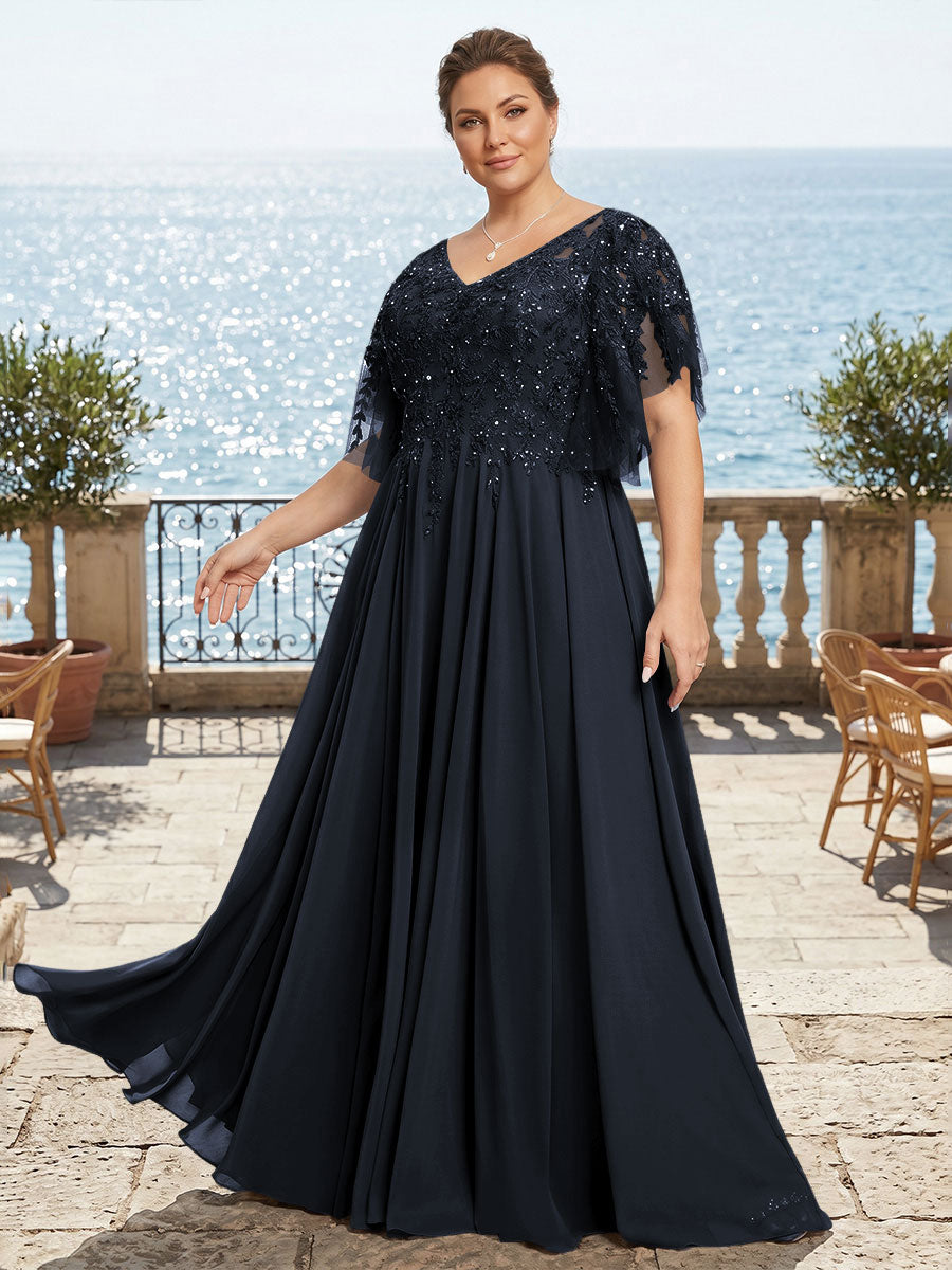 Plus Size Chiffon A-Line/Princess V-Neck Floor-Length Mother of the Bride & Groom Dresses with Lace Appliques & Pleats