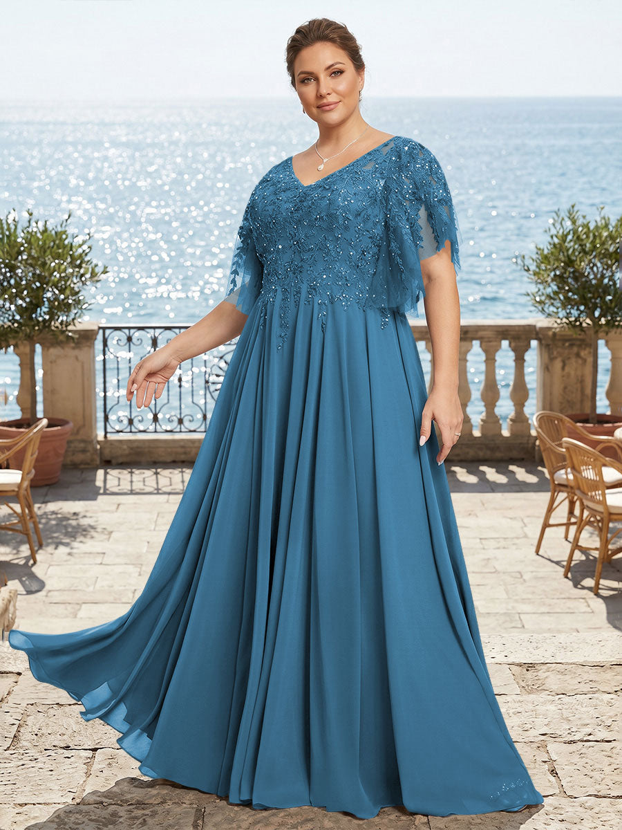 Plus Size Chiffon A-Line/Princess V-Neck Floor-Length Mother of the Bride & Groom Dresses with Lace Appliques & Pleats