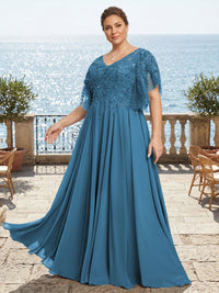 Plus Size Chiffon A-Line/Princess V-Neck Floor-Length Mother of the Bride & Groom Dresses with Lace Appliques & Pleats