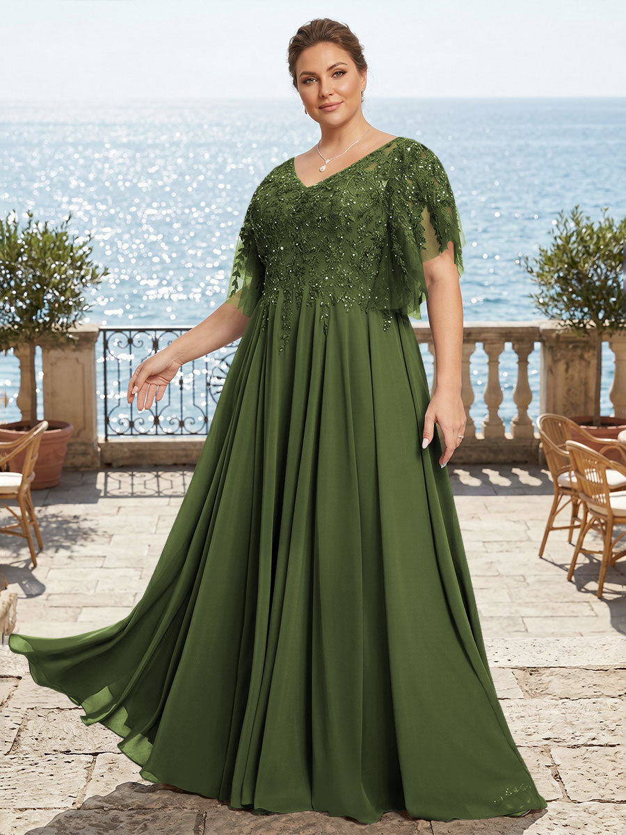 Plus Size Chiffon A-Line/Princess V-Neck Floor-Length Mother of the Bride & Groom Dresses with Lace Appliques & Pleats