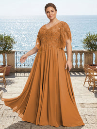 Plus Size Chiffon A-Line/Princess V-Neck Floor-Length Mother of the Bride & Groom Dresses with Lace Appliques & Pleats