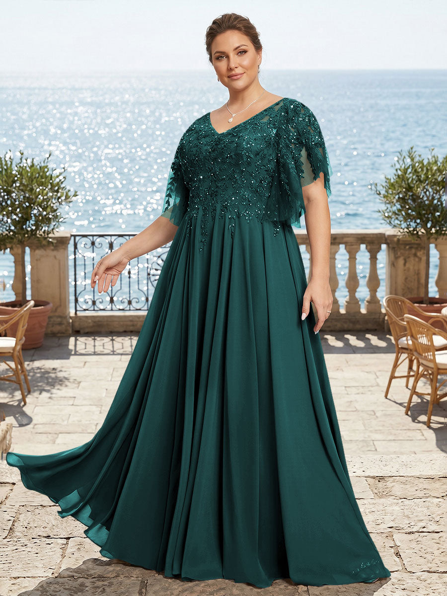 Plus Size Chiffon A-Line/Princess V-Neck Floor-Length Mother of the Bride & Groom Dresses with Lace Appliques & Pleats