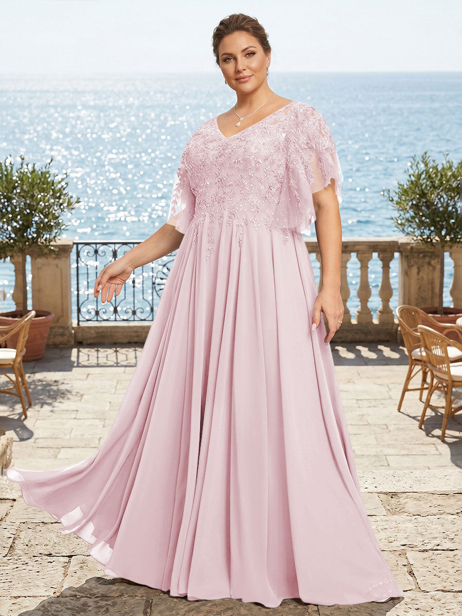 Plus Size Chiffon A-Line/Princess V-Neck Floor-Length Mother of the Bride & Groom Dresses with Lace Appliques & Pleats