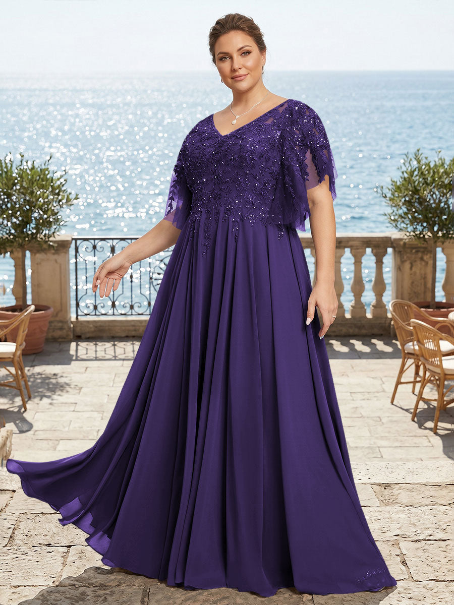 Plus Size Chiffon A-Line/Princess V-Neck Floor-Length Mother of the Bride & Groom Dresses with Lace Appliques & Pleats