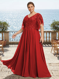 Plus Size Chiffon A-Line/Princess V-Neck Floor-Length Mother of the Bride & Groom Dresses with Lace Appliques & Pleats