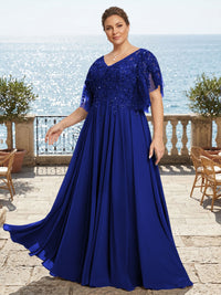 Plus Size Chiffon A-Line/Princess V-Neck Floor-Length Mother of the Bride & Groom Dresses with Lace Appliques & Pleats