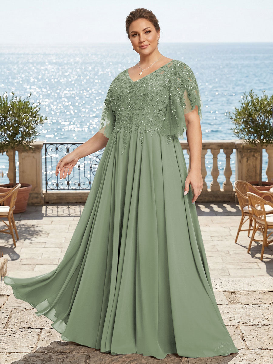 Plus Size Chiffon A-Line/Princess V-Neck Floor-Length Mother of the Bride & Groom Dresses with Lace Appliques & Pleats