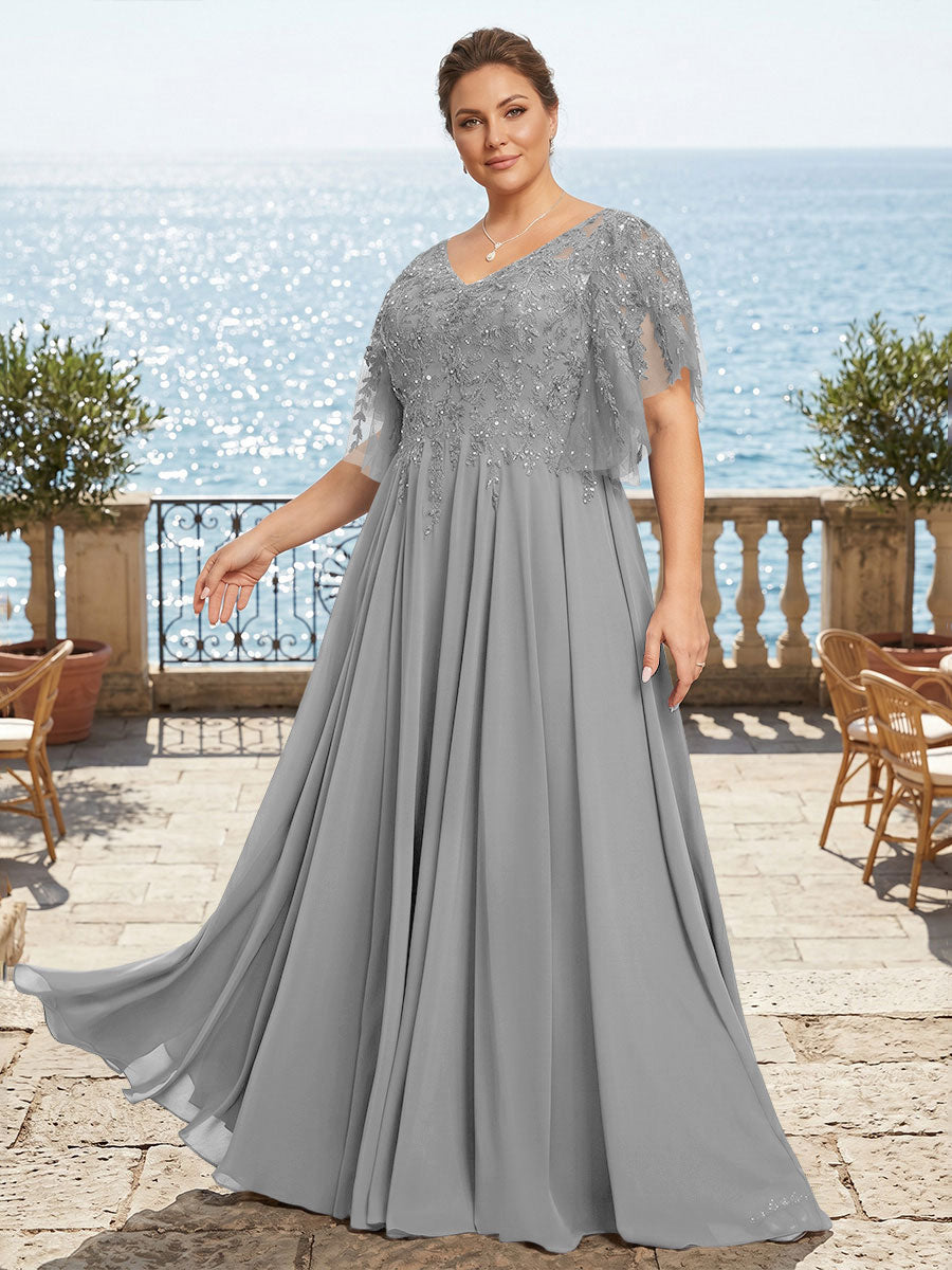 Plus Size Chiffon A-Line/Princess V-Neck Floor-Length Mother of the Bride & Groom Dresses with Lace Appliques & Pleats