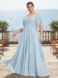 Plus Size Chiffon A-Line/Princess V-Neck Floor-Length Mother of the Bride & Groom Dresses with Lace Appliques & Pleats