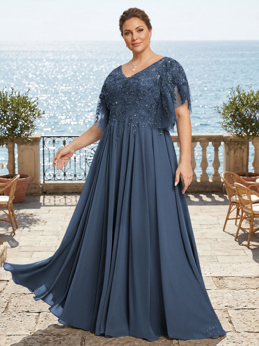 Plus Size Chiffon A-Line/Princess V-Neck Floor-Length Mother of the Bride & Groom Dresses with Lace Appliques & Pleats