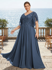 Plus Size Chiffon A-Line/Princess V-Neck Floor-Length Mother of the Bride & Groom Dresses with Lace Appliques & Pleats