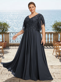 Plus Size Chiffon A-Line/Princess V-Neck Floor-Length Mother of the Bride & Groom Dresses with Lace Appliques & Pleats