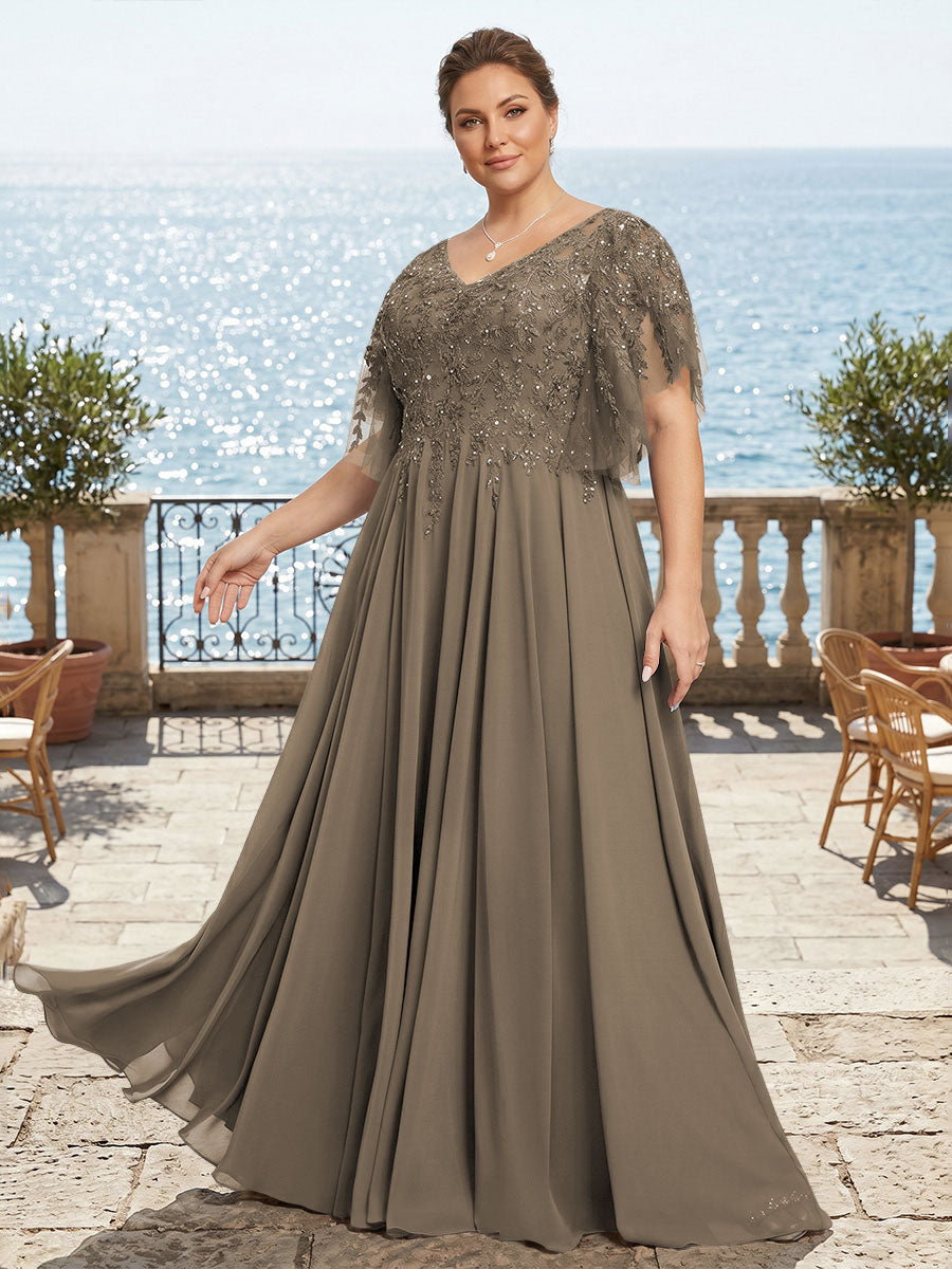 Plus Size Chiffon A-Line/Princess V-Neck Floor-Length Mother of the Bride & Groom Dresses with Lace Appliques & Pleats