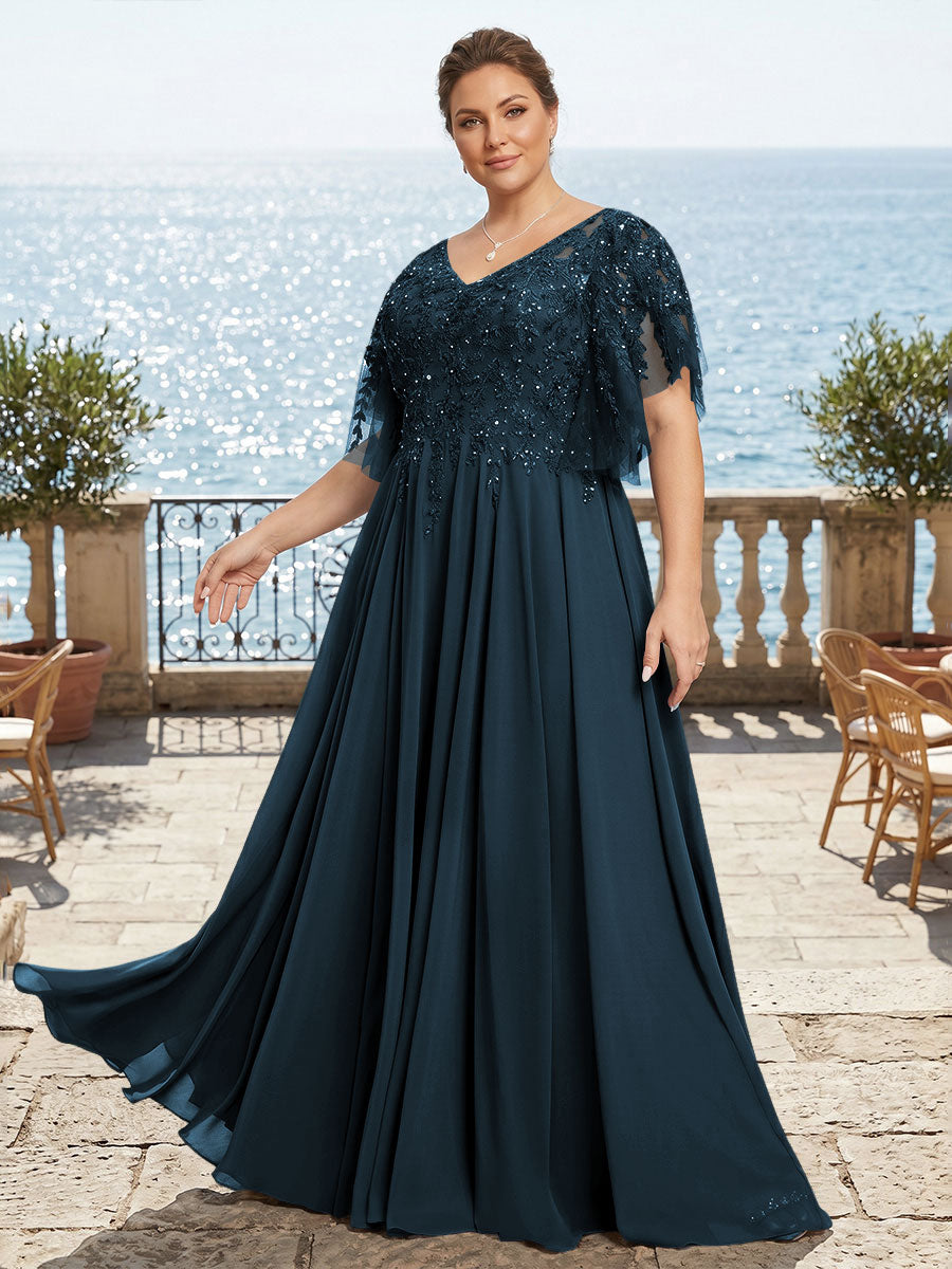 Plus Size Chiffon A-Line/Princess V-Neck Floor-Length Mother of the Bride & Groom Dresses with Lace Appliques & Pleats