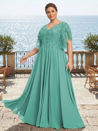 Plus Size Chiffon A-Line/Princess V-Neck Floor-Length Mother of the Bride & Groom Dresses with Lace Appliques & Pleats