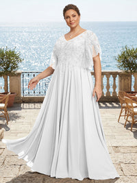 Plus Size Chiffon A-Line/Princess V-Neck Floor-Length Mother of the Bride & Groom Dresses with Lace Appliques & Pleats