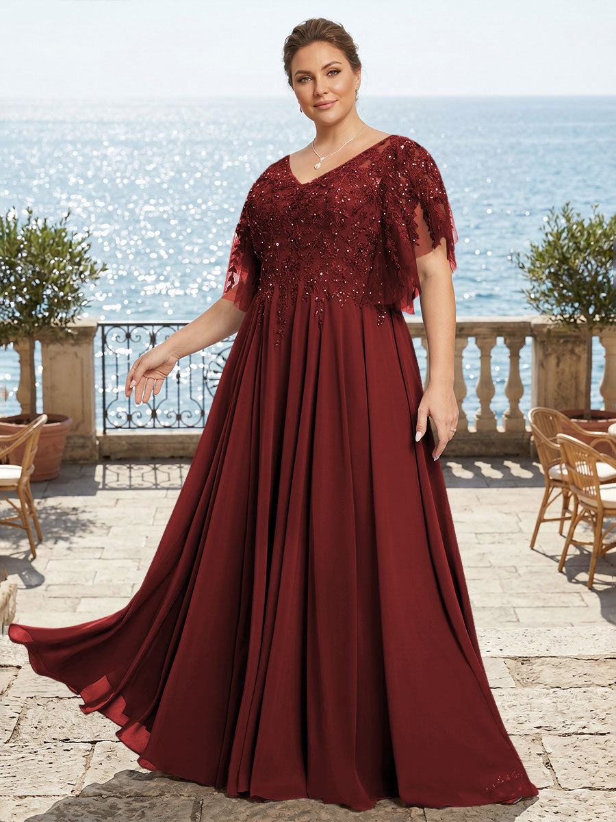 Plus Size Chiffon A-Line/Princess V-Neck Floor-Length Mother of the Bride & Groom Dresses with Lace Appliques & Pleats