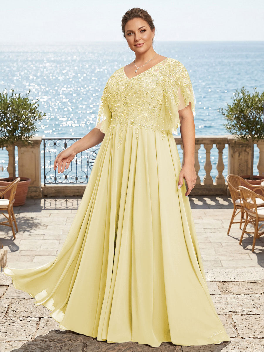 Plus Size Chiffon A-Line/Princess V-Neck Floor-Length Mother of the Bride & Groom Dresses with Lace Appliques & Pleats