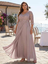 Plus Size Chiffon A-Line/Princess V-Neck Floor-Length Mother of the Bride & Groom Dresses with Lace Appliques & Pleats