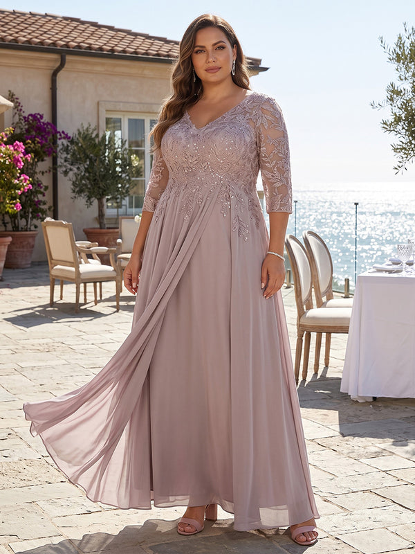 Plus Size Chiffon A-Line/Princess V-Neck Floor-Length Mother of the Bride & Groom Dresses with Lace Appliques & Pleats