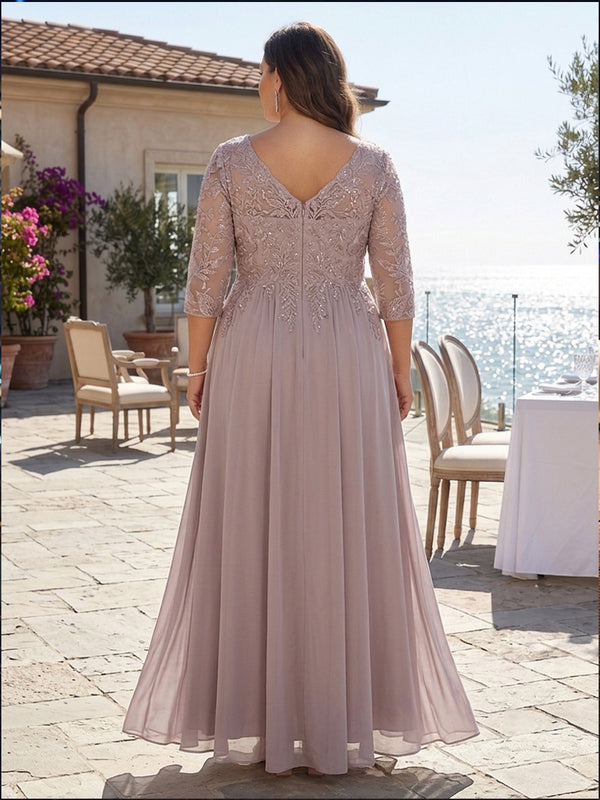 Plus Size Chiffon A-Line/Princess V-Neck Floor-Length Mother of the Bride & Groom Dresses with Lace Appliques & Pleats