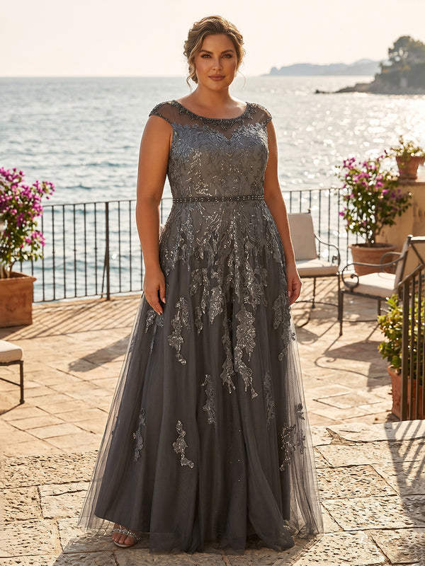 Plus Size Sequin Floral A-Line/Princess Scoop Neck Floor-Length Mother of the Bride & Groom Dresses with Pleats