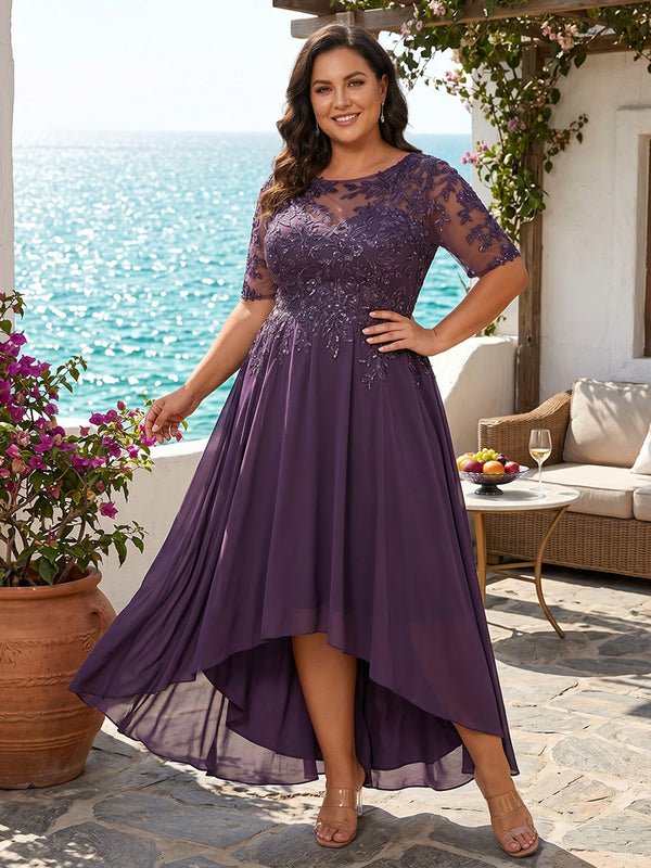 Plus Size Chiffon A-Line/Princess Scoop Neck High-Low Mother of the Bride & Groom Dresses with Lace Appliques & Pleats