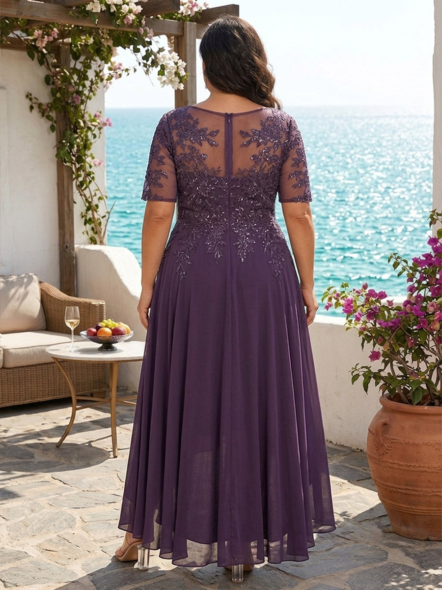 Plus Size Chiffon A-Line/Princess Scoop Neck High-Low Mother of the Bride & Groom Dresses with Lace Appliques & Pleats