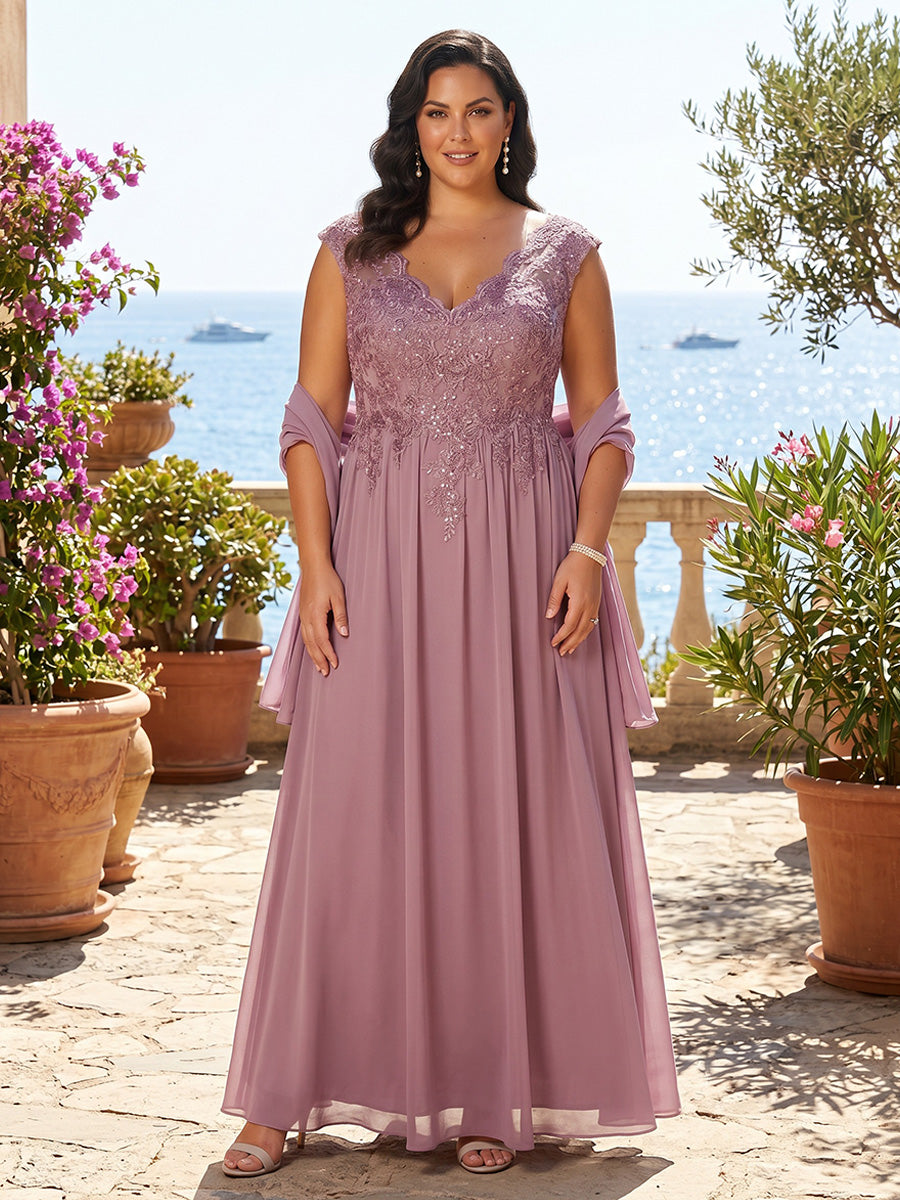 Plus Size Chiffon A-Line/Princess V-Neck Floor-Length Mother of the Bride & Groom Dresses with Lace Appliques & Pleats