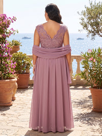Plus Size Chiffon A-Line/Princess V-Neck Floor-Length Mother of the Bride & Groom Dresses with Lace Appliques & Pleats