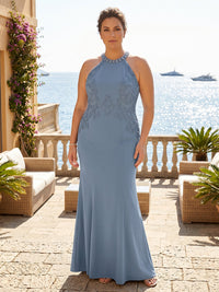 Plus Size Chiffon Sheath/Column Halter Floor-Length Mother of the Bride & Groom Dresses with Pleats