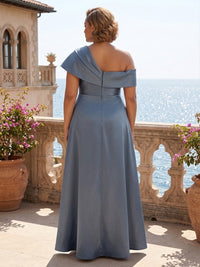Plus Size Satin A-Line/Princess Off Shoulder Floor-Length Mother of the Bride & Groom Dresses with Ruched Waist & Slit