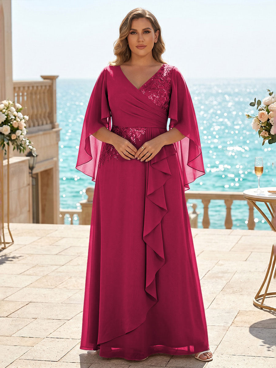 Plus Size Chiffon A-Line/Princess V-Neck Floor-Length Mother of the Bride & Groom Dresses with Ruffles