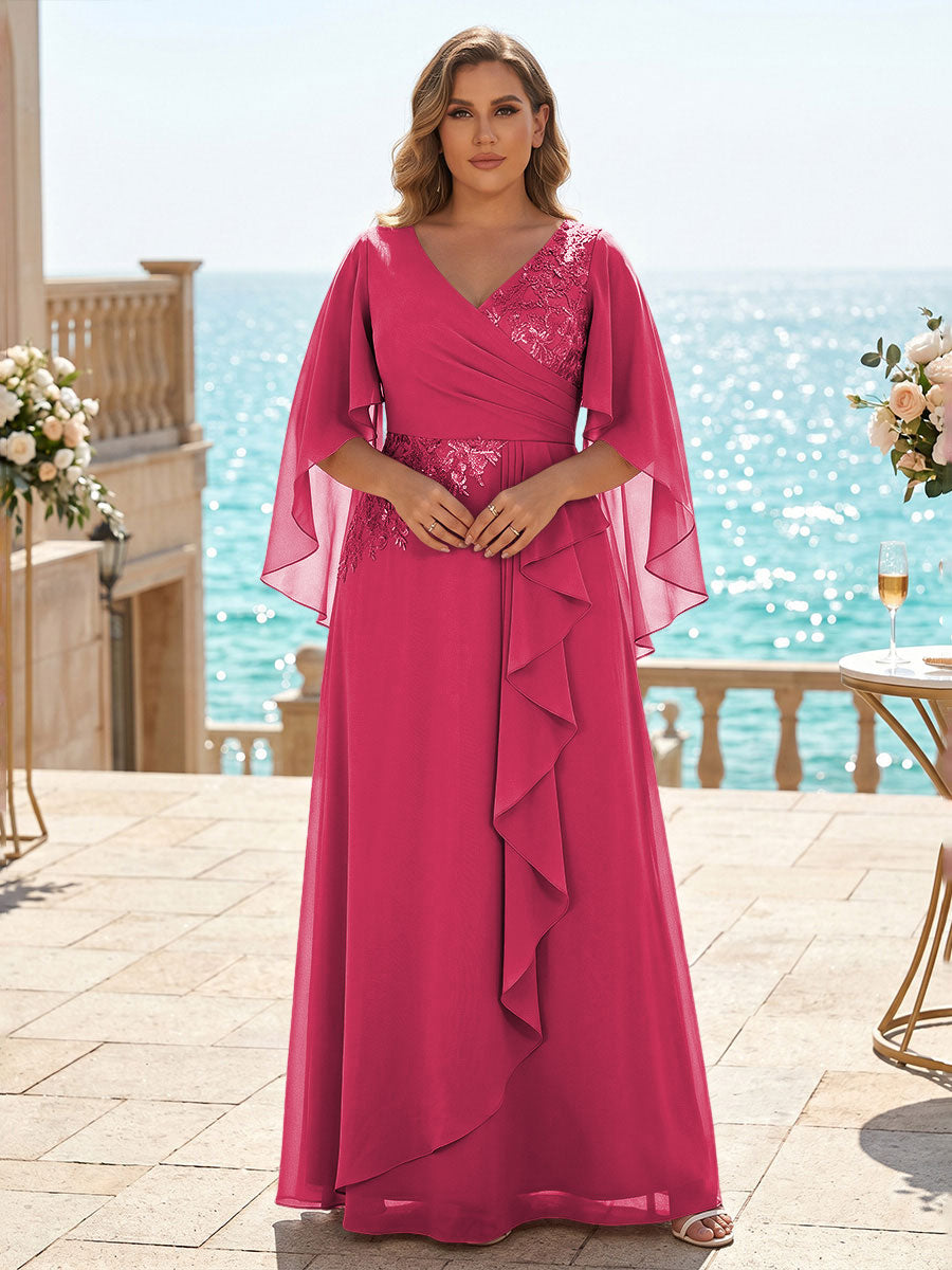 Plus Size Chiffon A-Line/Princess V-Neck Floor-Length Mother of the Bride & Groom Dresses with Ruffles
