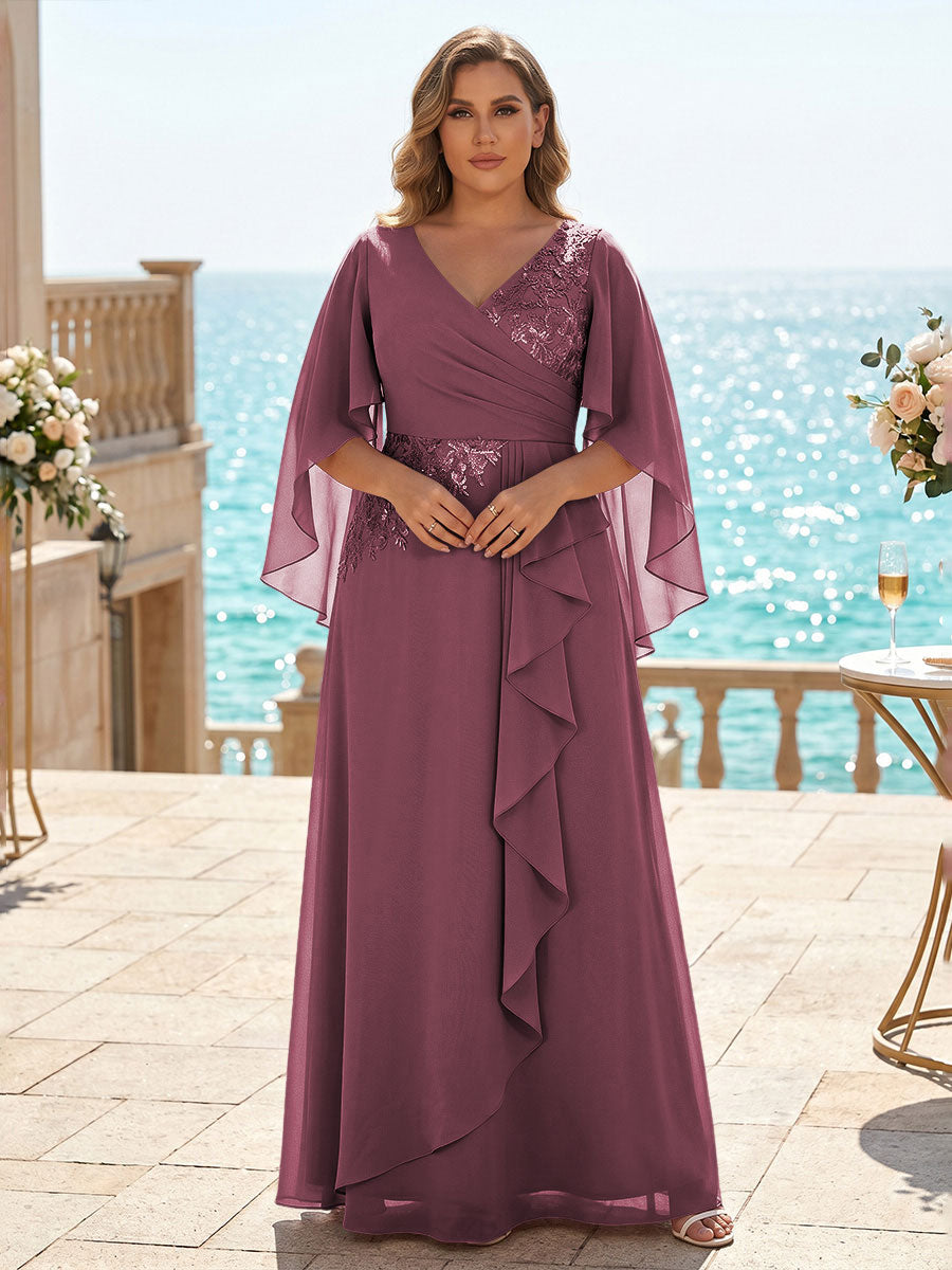 Plus Size Chiffon A-Line/Princess V-Neck Floor-Length Mother of the Bride & Groom Dresses with Ruffles