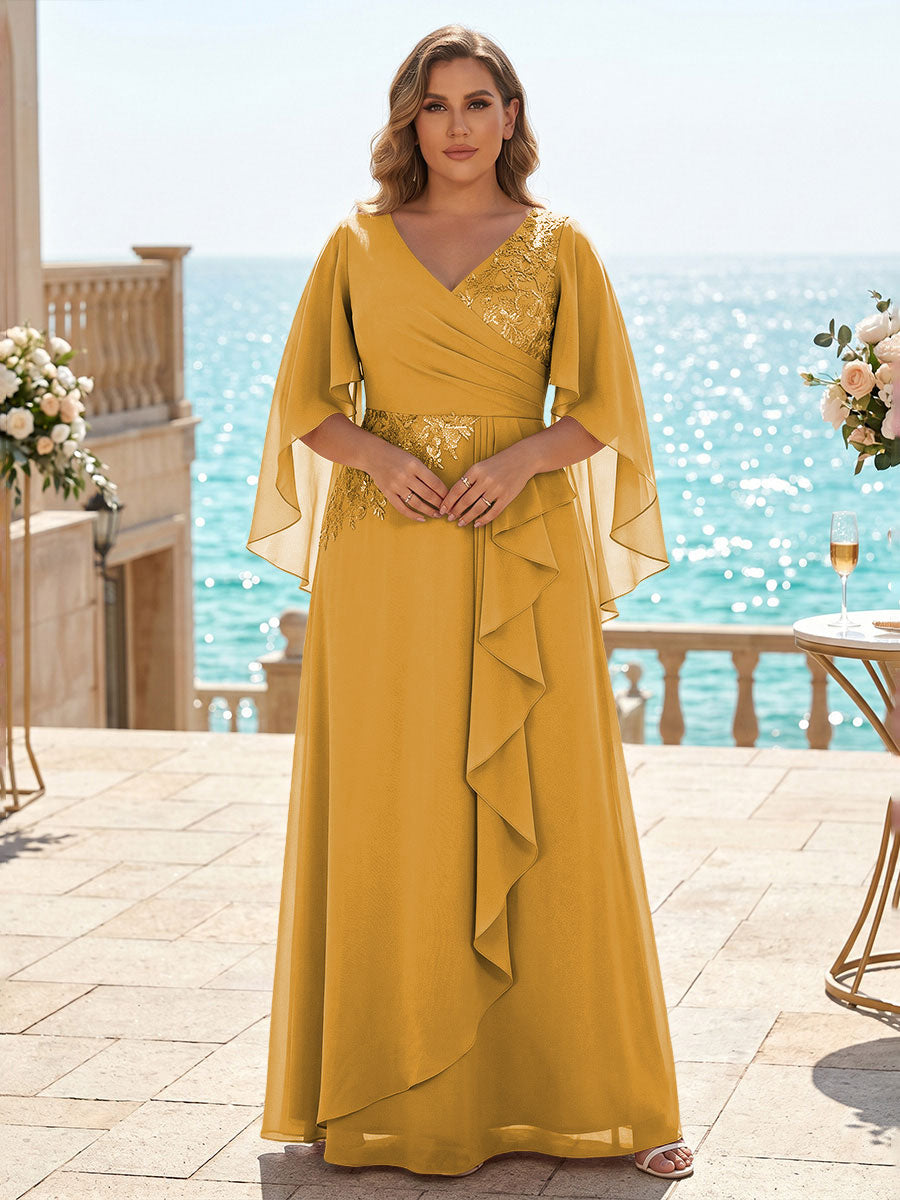 Plus Size Chiffon A-Line/Princess V-Neck Floor-Length Mother of the Bride & Groom Dresses with Ruffles