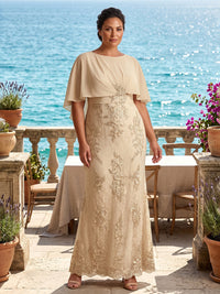 Plus Size Lace Appliques Sheath/Column Scoop Neck Floor-Length Mother of the Bride & Groom Dresses with Chiffon Cape