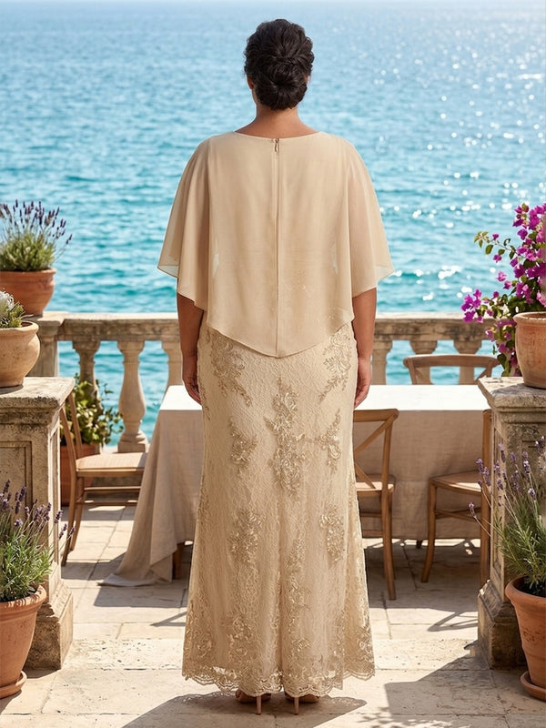 Plus Size Lace Appliques Sheath/Column Scoop Neck Floor-Length Mother of the Bride & Groom Dresses with Chiffon Cape