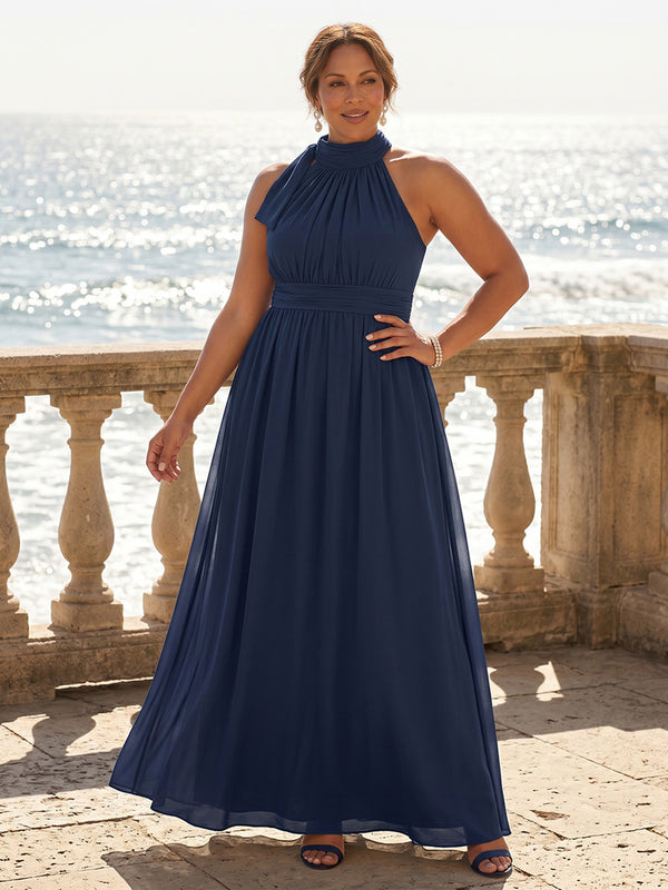 Plus Size Chiffon A-Line/Princess Halter Floor-Length Mother of the Bride & Groom Dresses with Pleats