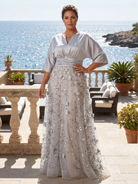 Plus Size Tulle A-Line/Princess V-Neck Floor-Length Mother of the Bride & Groom Dresses with 3D Flowers & Ruched Waist