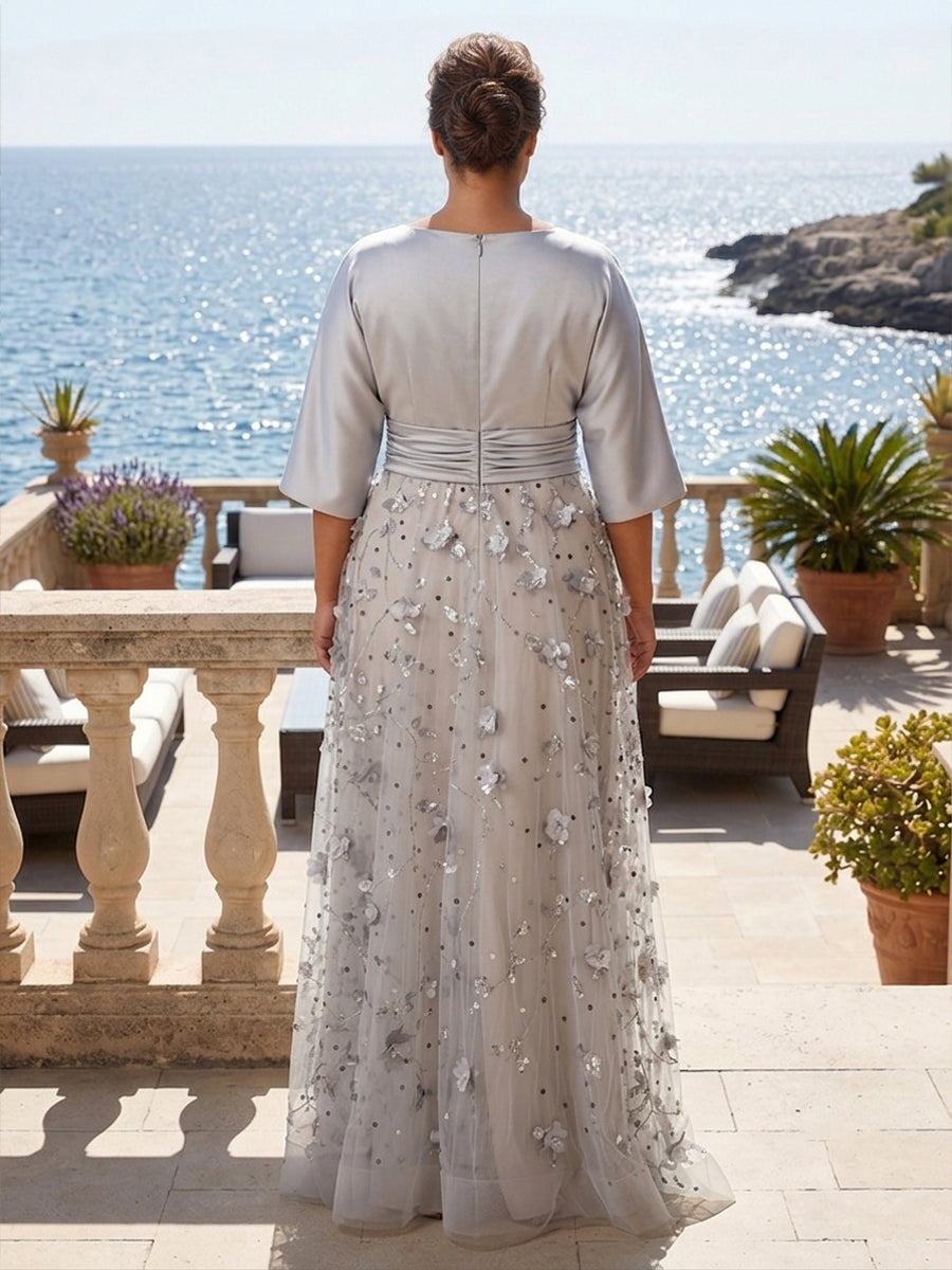 Plus Size Tulle A-Line/Princess V-Neck Floor-Length Mother of the Bride & Groom Dresses with 3D Flowers & Ruched Waist