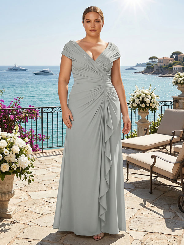 Plus Size Chiffon A-Line/Princess Off Shoulder Floor-Length Mother of the Bride & Groom Dresses with Ruffles & Ruched Waist