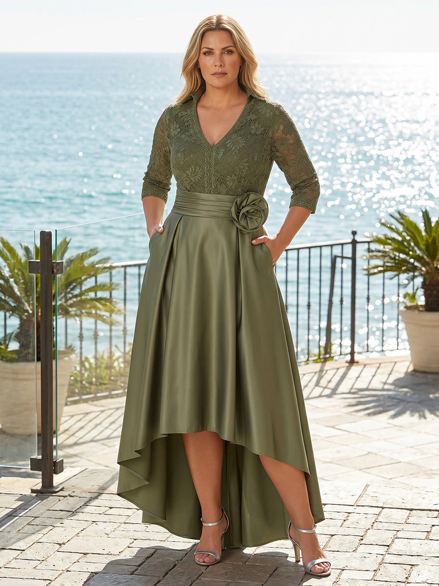 Plus Size Satin A-Line/Princess V-Neck High-Low Mother of the Bride & Groom Dresses with Pleats & Pockets