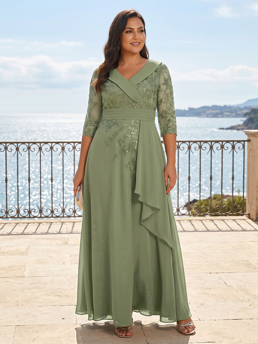 Plus Size Chiffon A-Line/Princess V-Neck Floor-Length Mother of the Bride & Groom Dresses with Lace Appliques & Pleats
