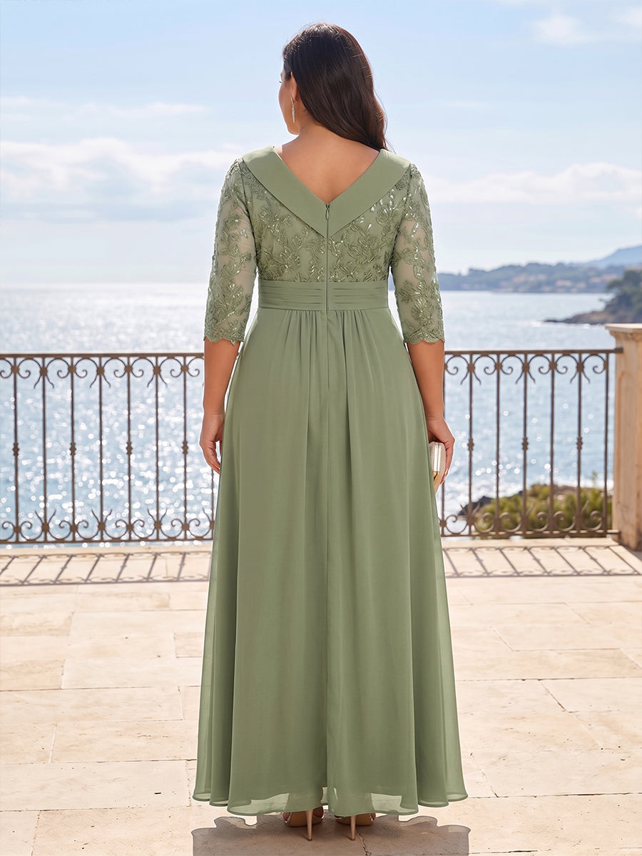 Plus Size Chiffon A-Line/Princess V-Neck Floor-Length Mother of the Bride & Groom Dresses with Lace Appliques & Pleats